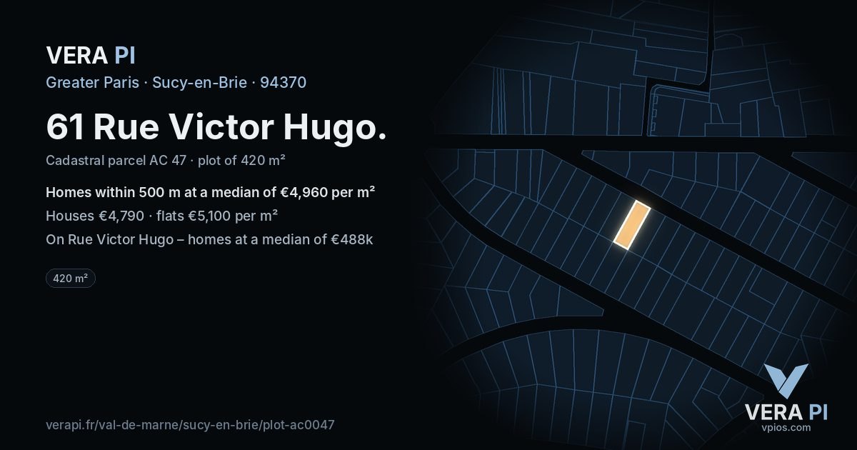 61 Rue Victor Hugo, Sucy-en-Brie at night – the plot lit, the parcels around coloured by the prices near them