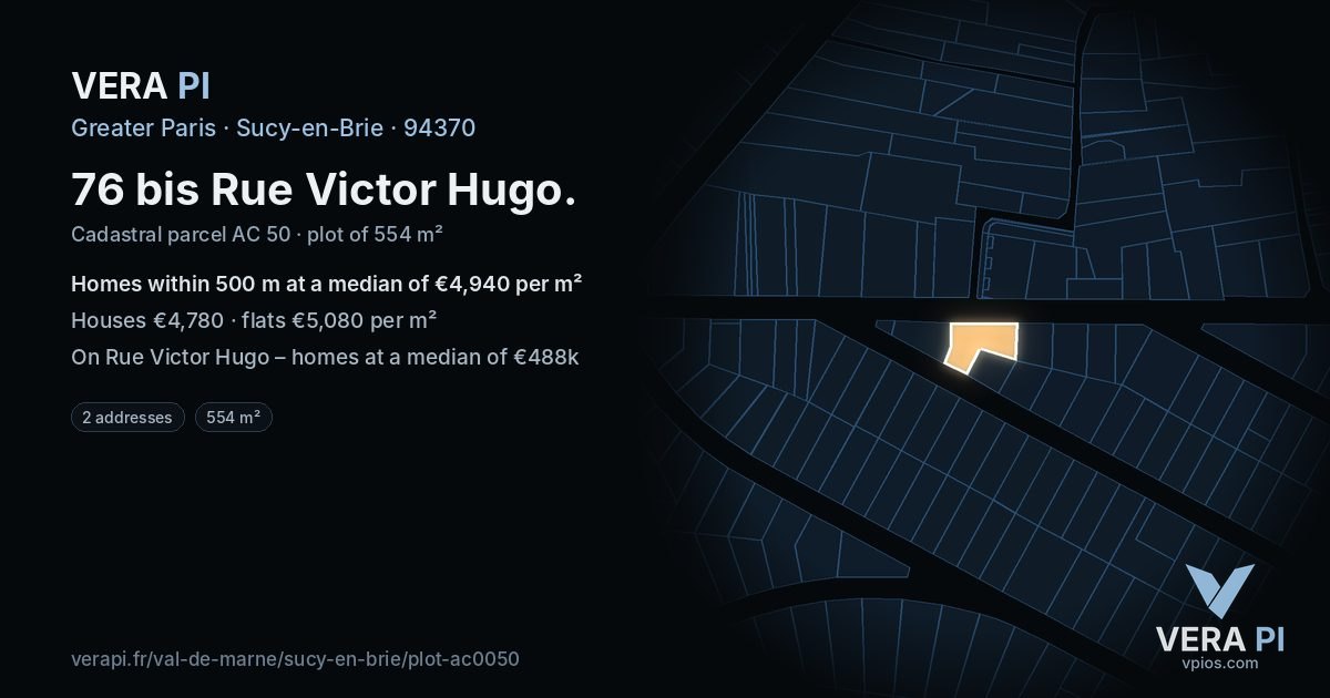 76 bis Rue Victor Hugo, Sucy-en-Brie at night – the plot lit, the parcels around coloured by the prices near them