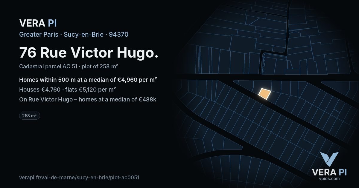 76 Rue Victor Hugo, Sucy-en-Brie at night – the plot lit, the parcels around coloured by the prices near them