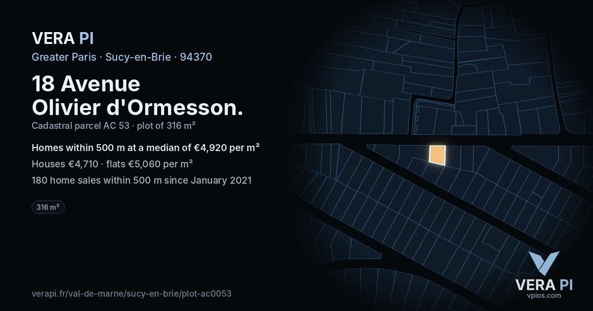 18 Avenue Olivier d'Ormesson, Sucy-en-Brie at night – the plot lit, the parcels around coloured by the prices near them