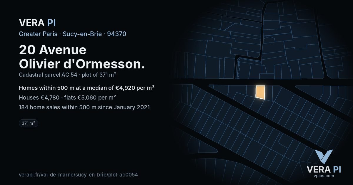 20 Avenue Olivier d'Ormesson, Sucy-en-Brie at night – the plot lit, the parcels around coloured by the prices near them