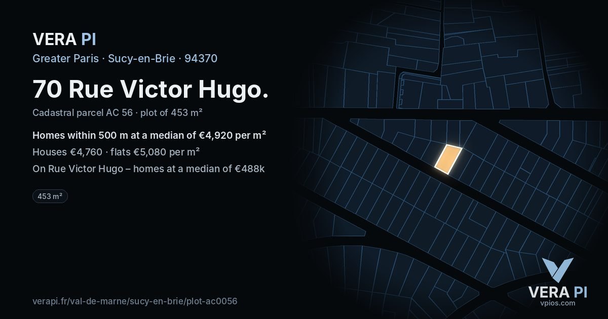 70 Rue Victor Hugo, Sucy-en-Brie at night – the plot lit, the parcels around coloured by the prices near them