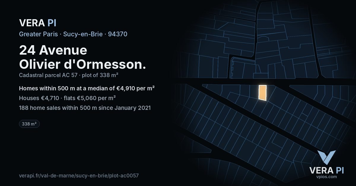 24 Avenue Olivier d'Ormesson, Sucy-en-Brie at night – the plot lit, the parcels around coloured by the prices near them