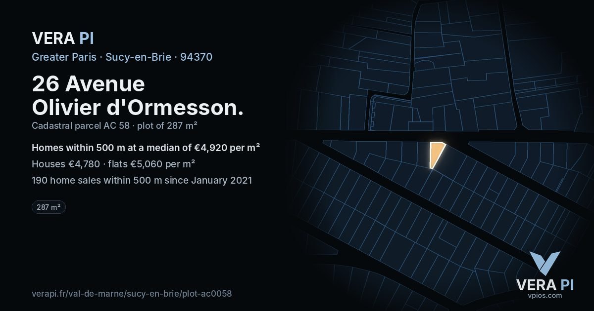 26 Avenue Olivier d'Ormesson, Sucy-en-Brie at night – the plot lit, the parcels around coloured by the prices near them