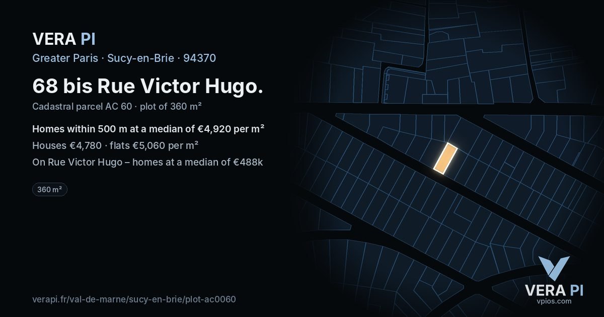 68 bis Rue Victor Hugo, Sucy-en-Brie at night – the plot lit, the parcels around coloured by the prices near them