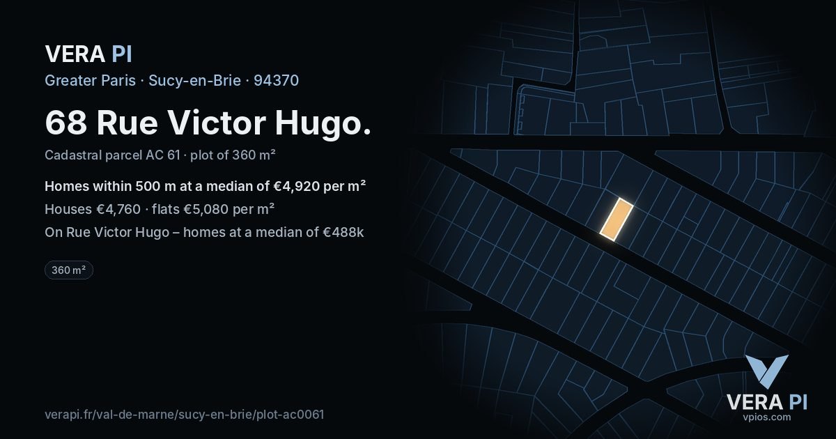 68 Rue Victor Hugo, Sucy-en-Brie at night – the plot lit, the parcels around coloured by the prices near them