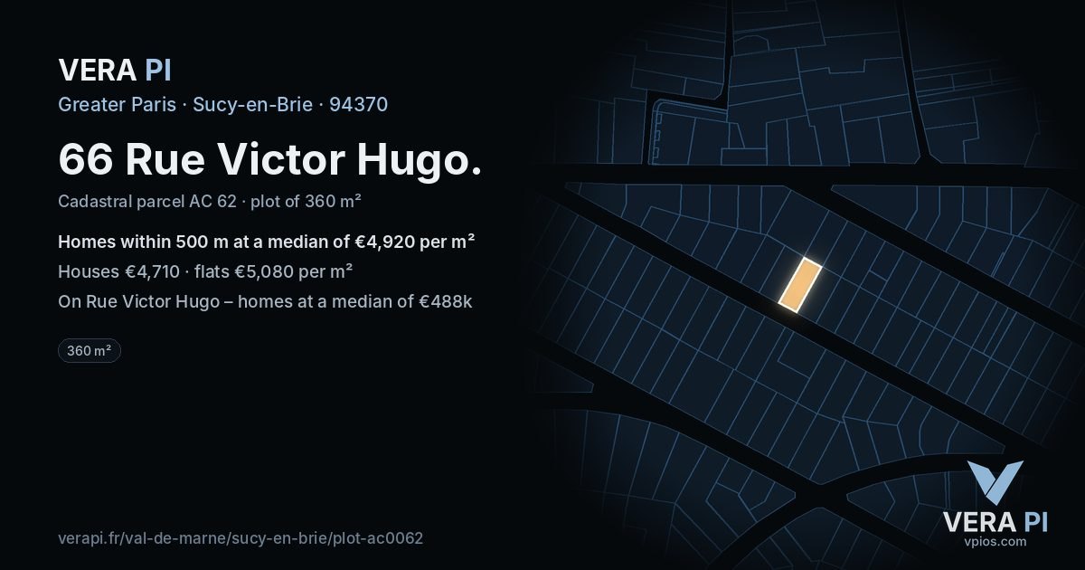 66 Rue Victor Hugo, Sucy-en-Brie at night – the plot lit, the parcels around coloured by the prices near them