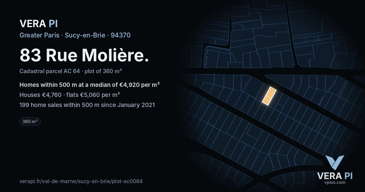 83 Rue Molière, Sucy-en-Brie at night – the plot lit, the parcels around coloured by the prices near them