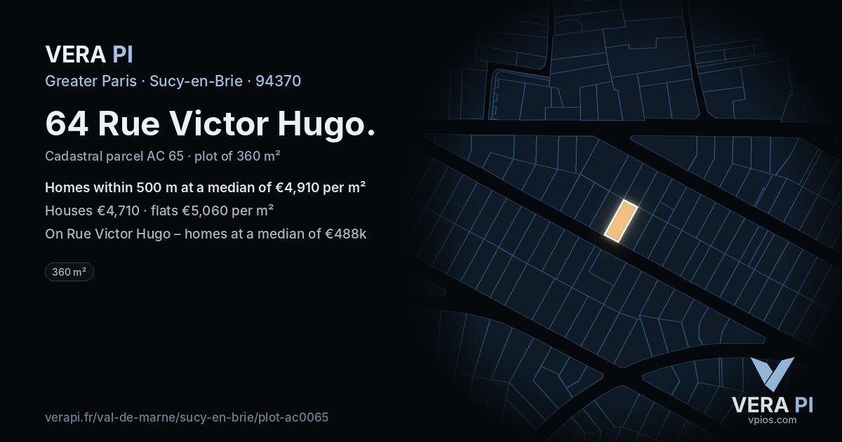 64 Rue Victor Hugo, Sucy-en-Brie at night – the plot lit, the parcels around coloured by the prices near them