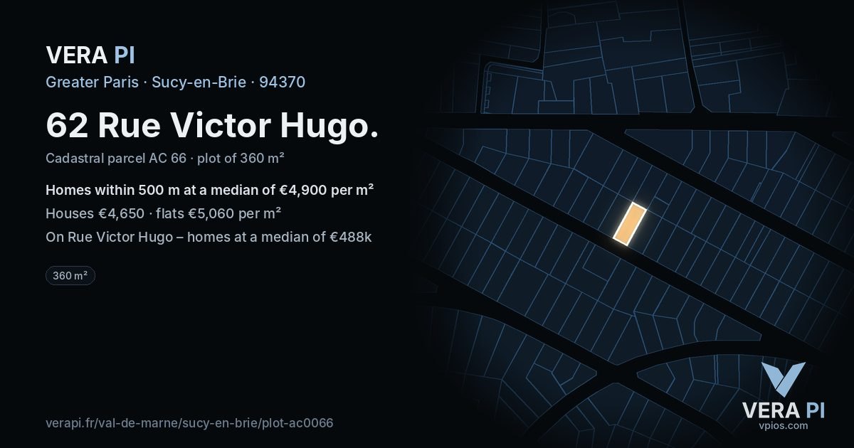 62 Rue Victor Hugo, Sucy-en-Brie at night – the plot lit, the parcels around coloured by the prices near them