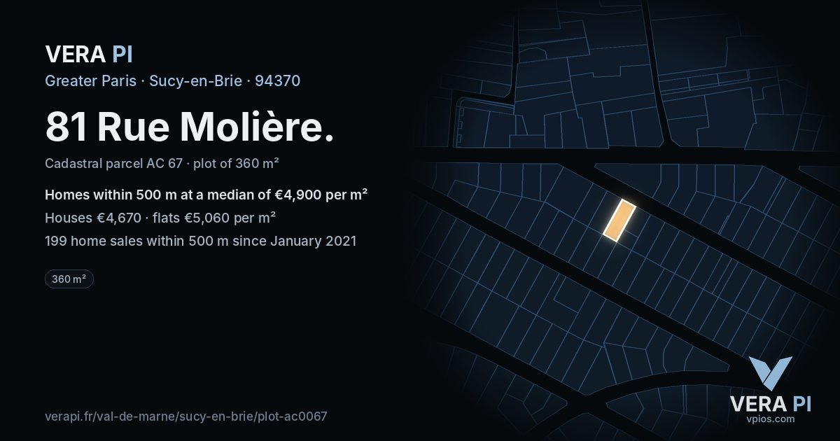 81 Rue Molière, Sucy-en-Brie at night – the plot lit, the parcels around coloured by the prices near them