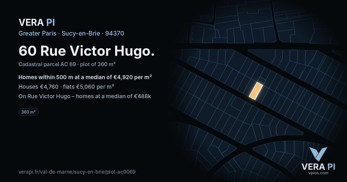60 Rue Victor Hugo, Sucy-en-Brie at night – the plot lit, the parcels around coloured by the prices near them