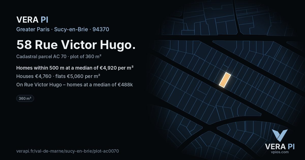 58 Rue Victor Hugo, Sucy-en-Brie at night – the plot lit, the parcels around coloured by the prices near them