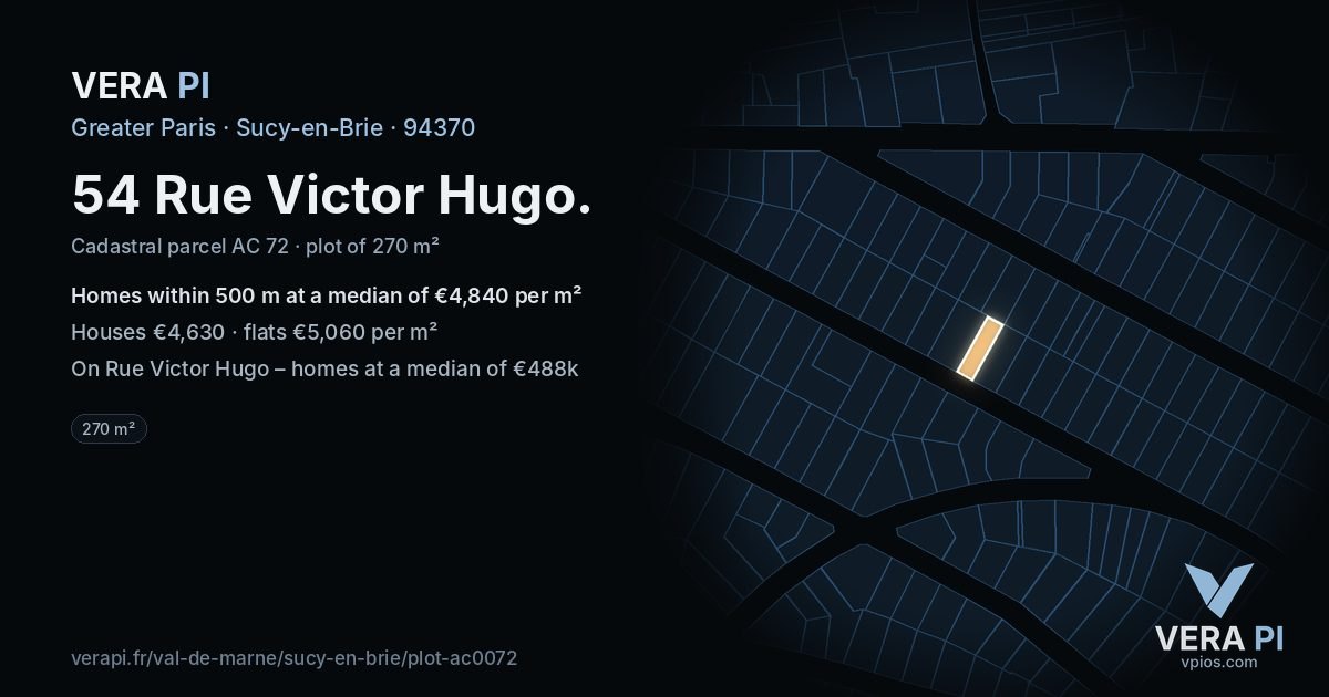54 Rue Victor Hugo, Sucy-en-Brie at night – the plot lit, the parcels around coloured by the prices near them