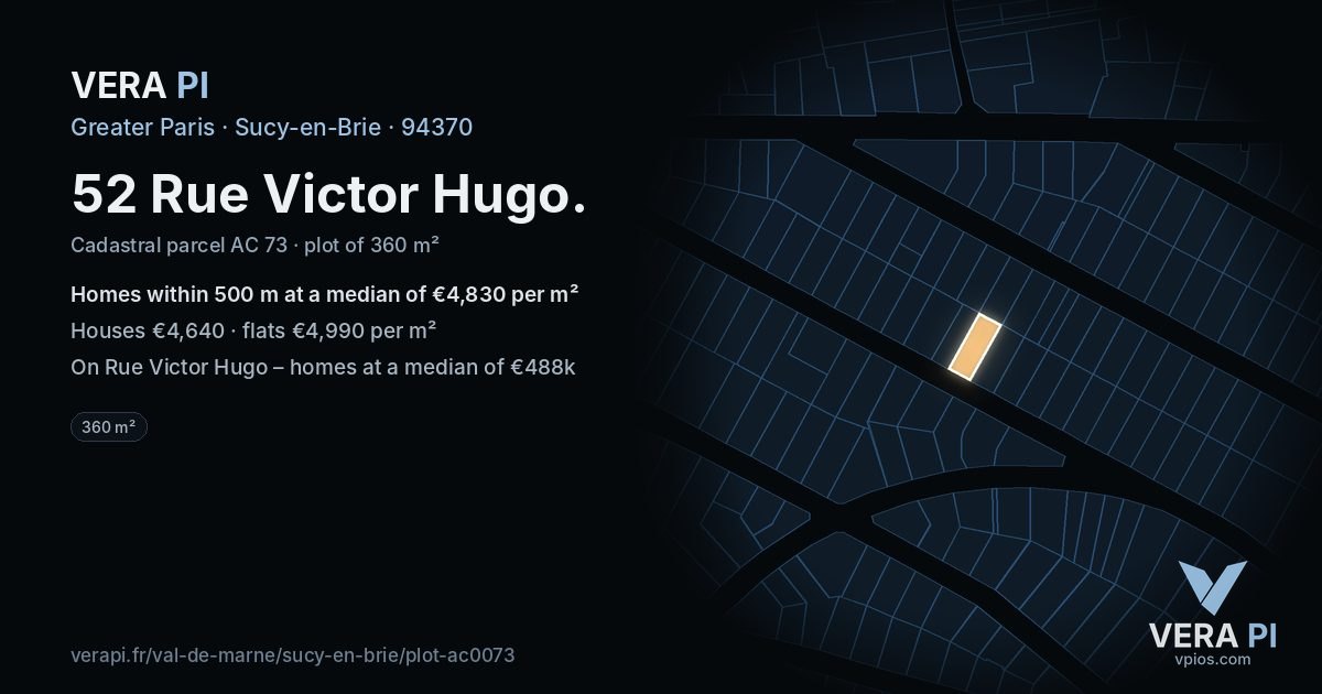 52 Rue Victor Hugo, Sucy-en-Brie at night – the plot lit, the parcels around coloured by the prices near them
