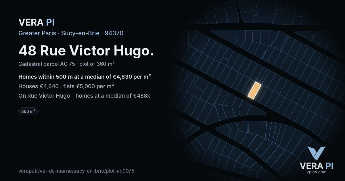 48 Rue Victor Hugo, Sucy-en-Brie at night – the plot lit, the parcels around coloured by the prices near them