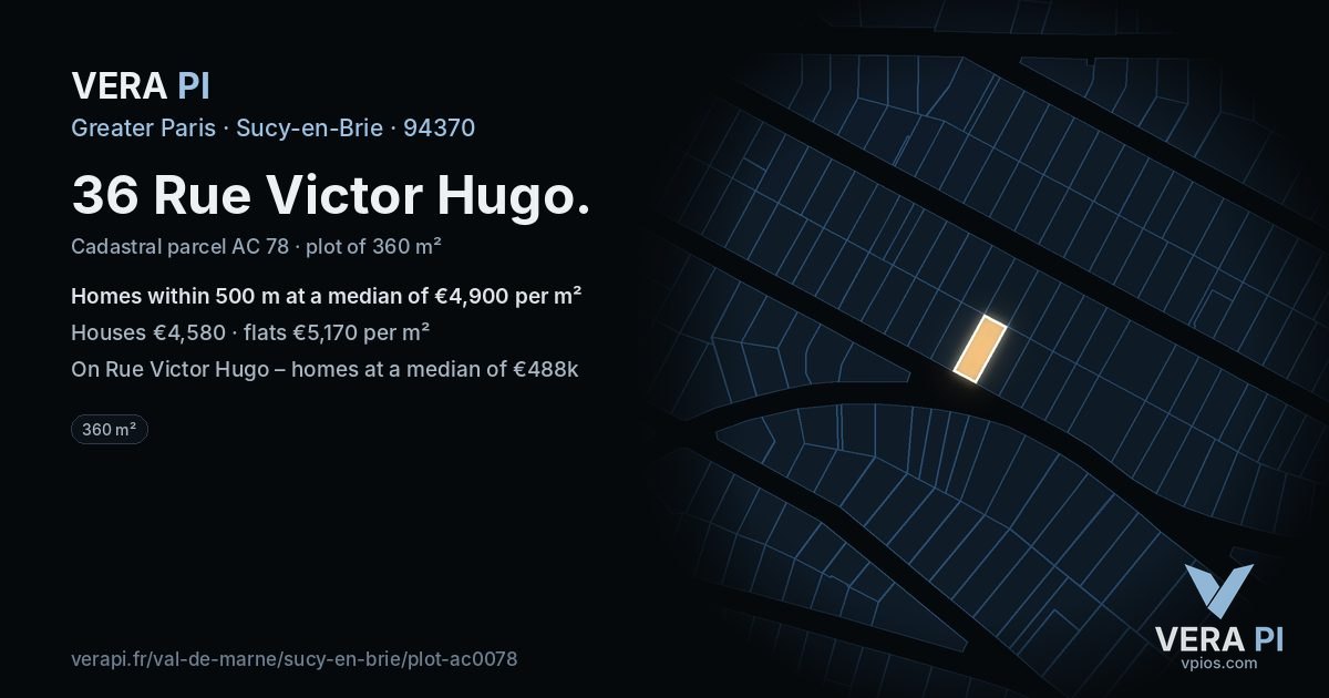 36 Rue Victor Hugo, Sucy-en-Brie at night – the plot lit, the parcels around coloured by the prices near them