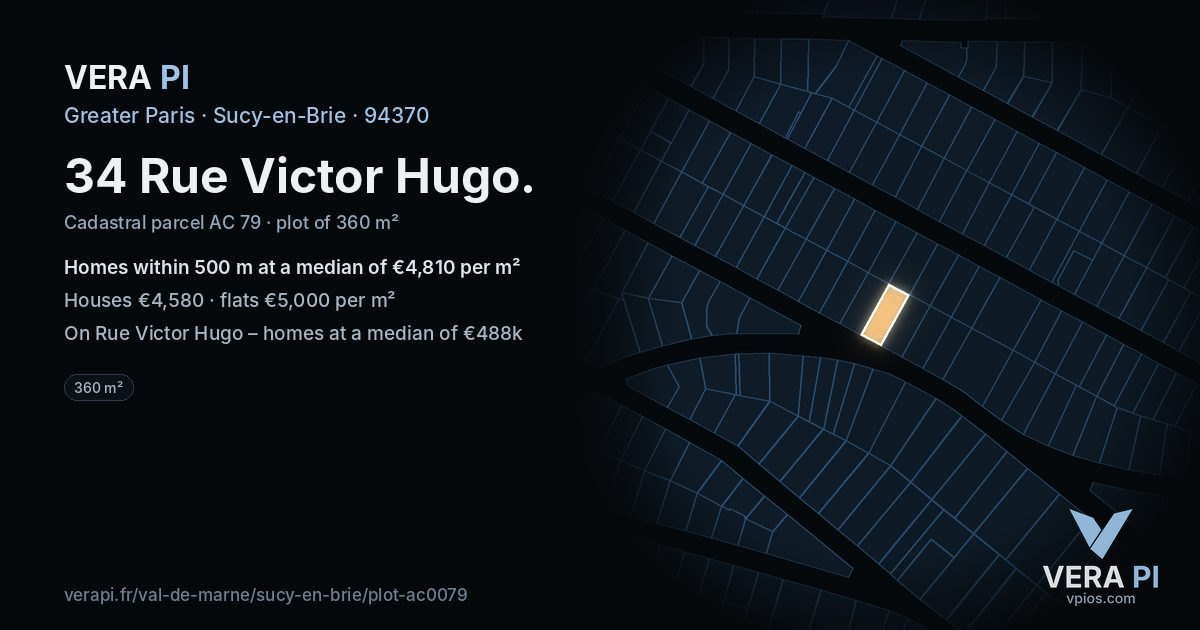 34 Rue Victor Hugo, Sucy-en-Brie at night – the plot lit, the parcels around coloured by the prices near them