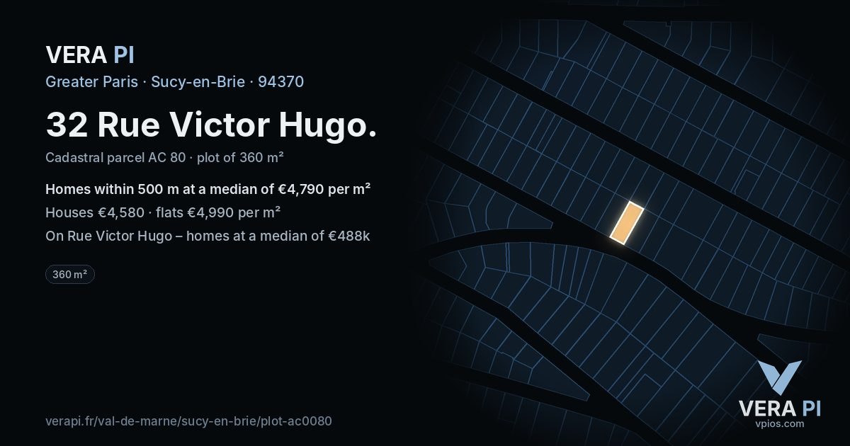 32 Rue Victor Hugo, Sucy-en-Brie at night – the plot lit, the parcels around coloured by the prices near them