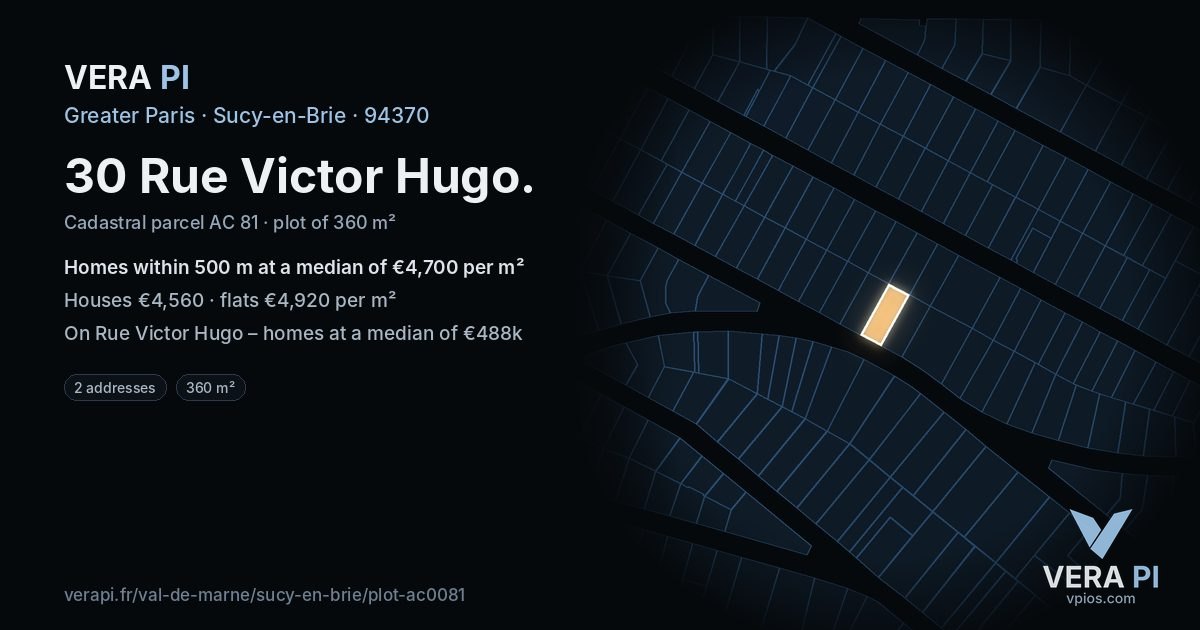 30 Rue Victor Hugo, Sucy-en-Brie at night – the plot lit, the parcels around coloured by the prices near them