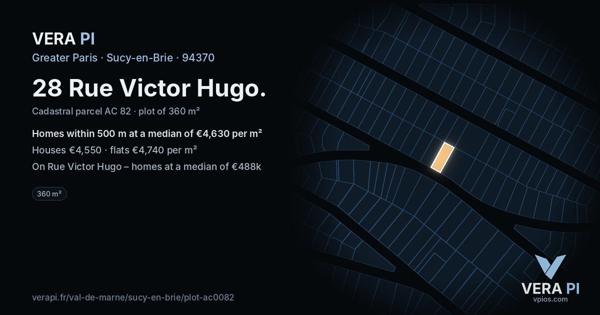 28 Rue Victor Hugo, Sucy-en-Brie at night – the plot lit, the parcels around coloured by the prices near them