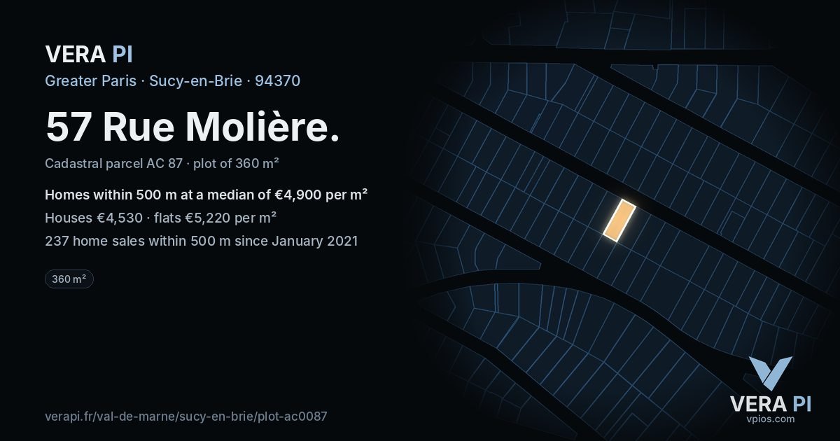 57 Rue Molière, Sucy-en-Brie at night – the plot lit, the parcels around coloured by the prices near them