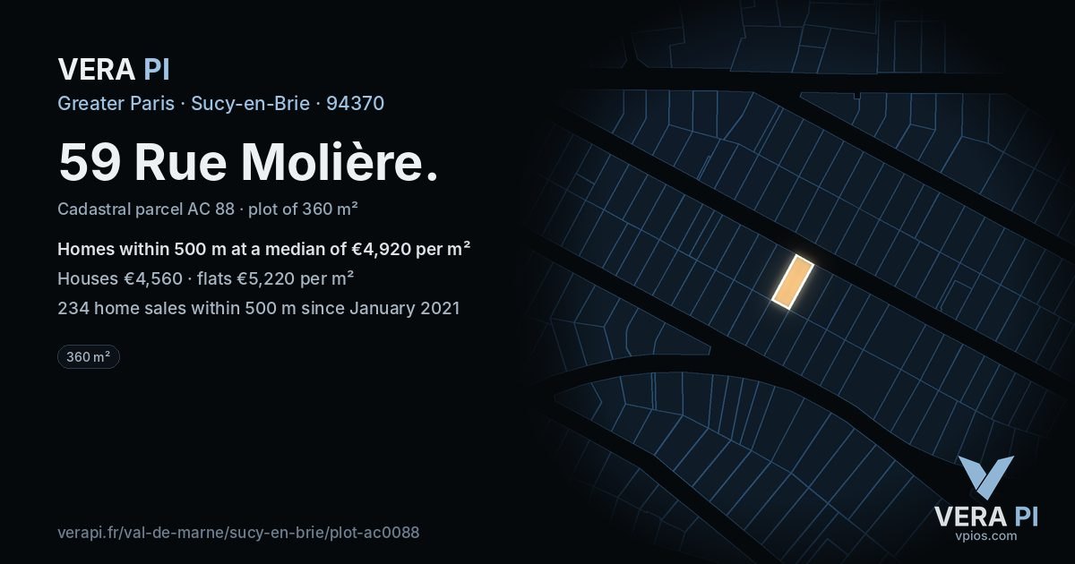 59 Rue Molière, Sucy-en-Brie at night – the plot lit, the parcels around coloured by the prices near them