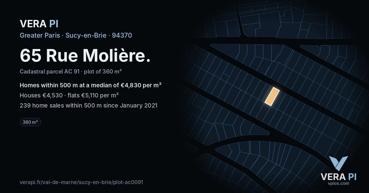 65 Rue Molière, Sucy-en-Brie at night – the plot lit, the parcels around coloured by the prices near them