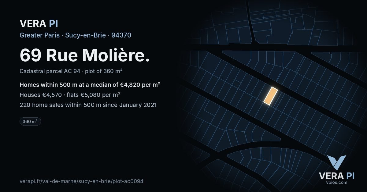 69 Rue Molière, Sucy-en-Brie at night – the plot lit, the parcels around coloured by the prices near them