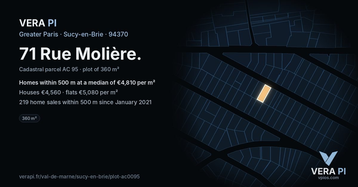 71 Rue Molière, Sucy-en-Brie at night – the plot lit, the parcels around coloured by the prices near them