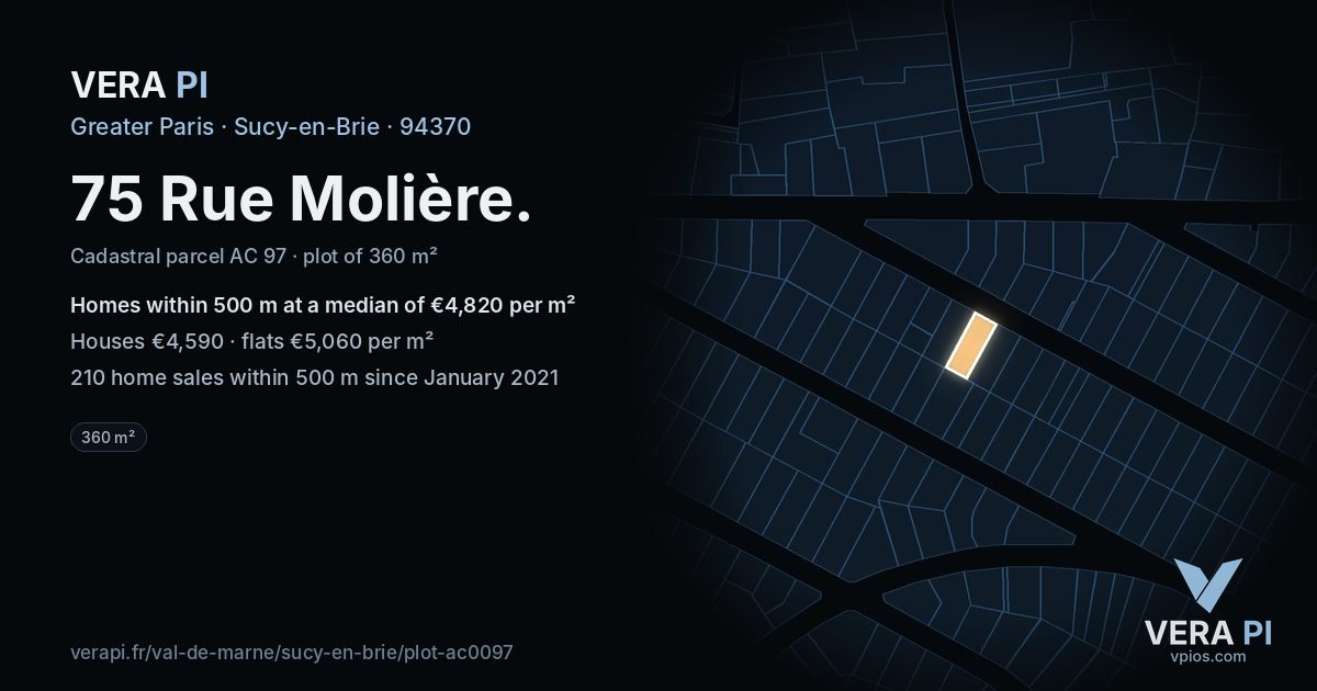 75 Rue Molière, Sucy-en-Brie at night – the plot lit, the parcels around coloured by the prices near them