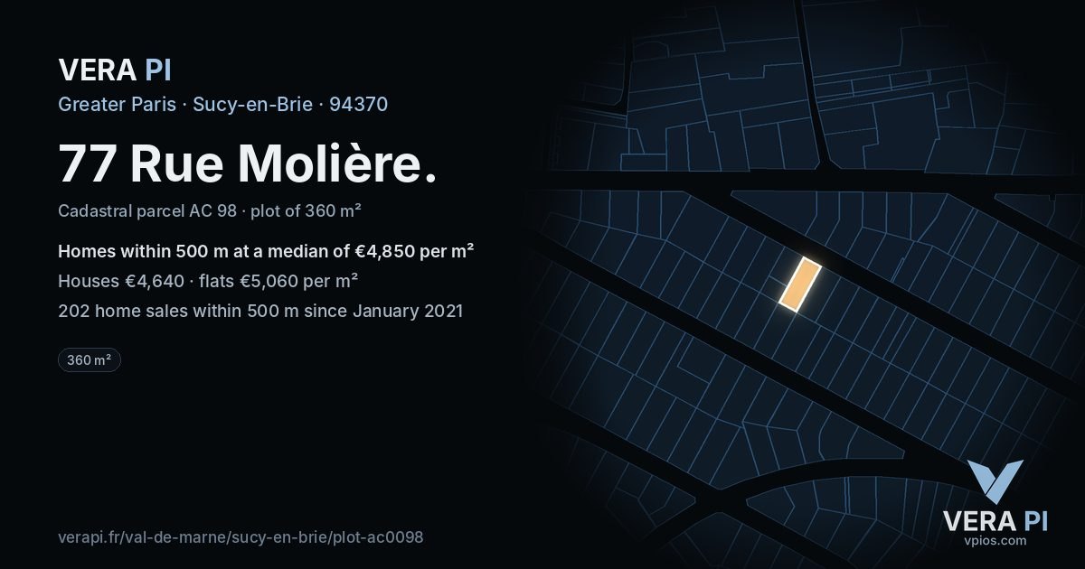 77 Rue Molière, Sucy-en-Brie at night – the plot lit, the parcels around coloured by the prices near them