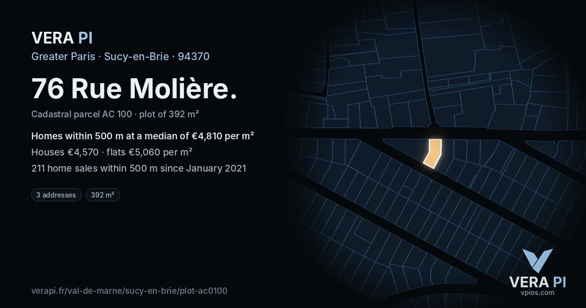 76 Rue Molière, Sucy-en-Brie at night – the plot lit, the parcels around coloured by the prices near them