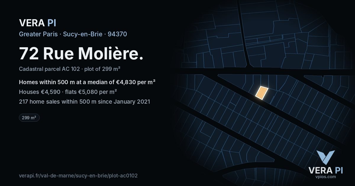 72 Rue Molière, Sucy-en-Brie at night – the plot lit, the parcels around coloured by the prices near them