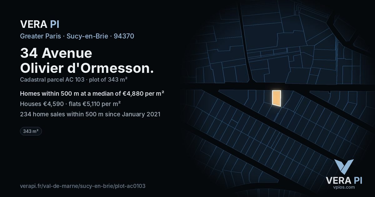 34 Avenue Olivier d'Ormesson, Sucy-en-Brie at night – the plot lit, the parcels around coloured by the prices near them