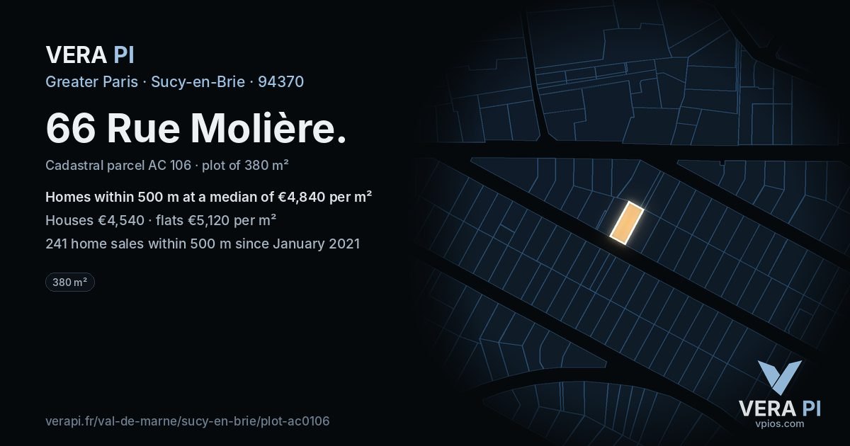 66 Rue Molière, Sucy-en-Brie at night – the plot lit, the parcels around coloured by the prices near them
