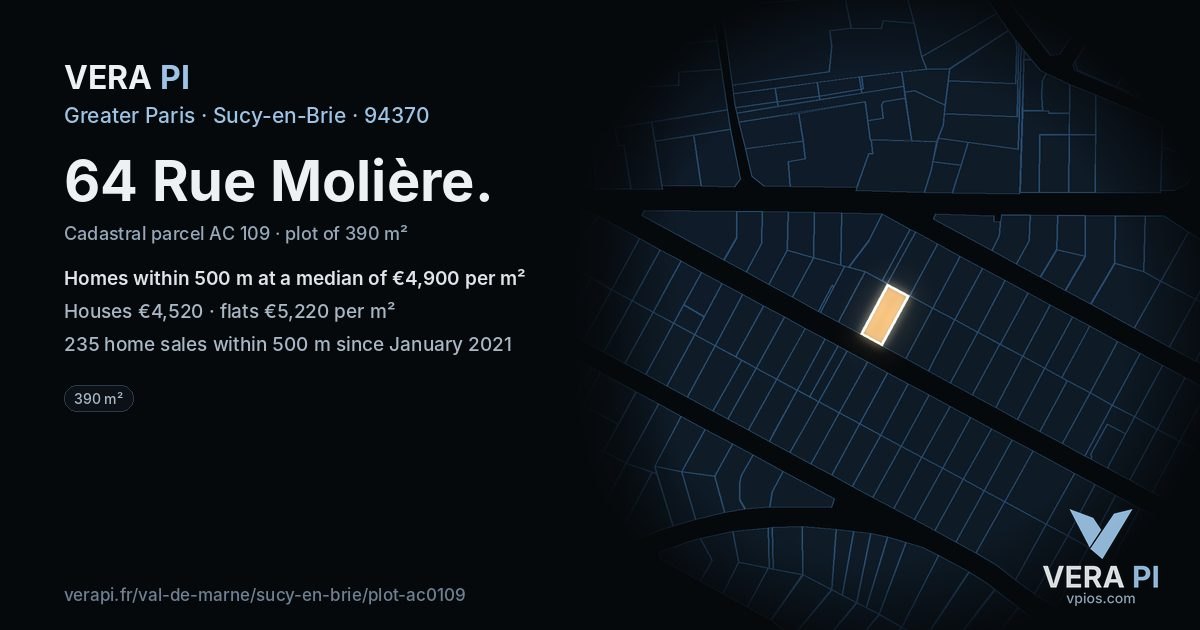 64 Rue Molière, Sucy-en-Brie at night – the plot lit, the parcels around coloured by the prices near them