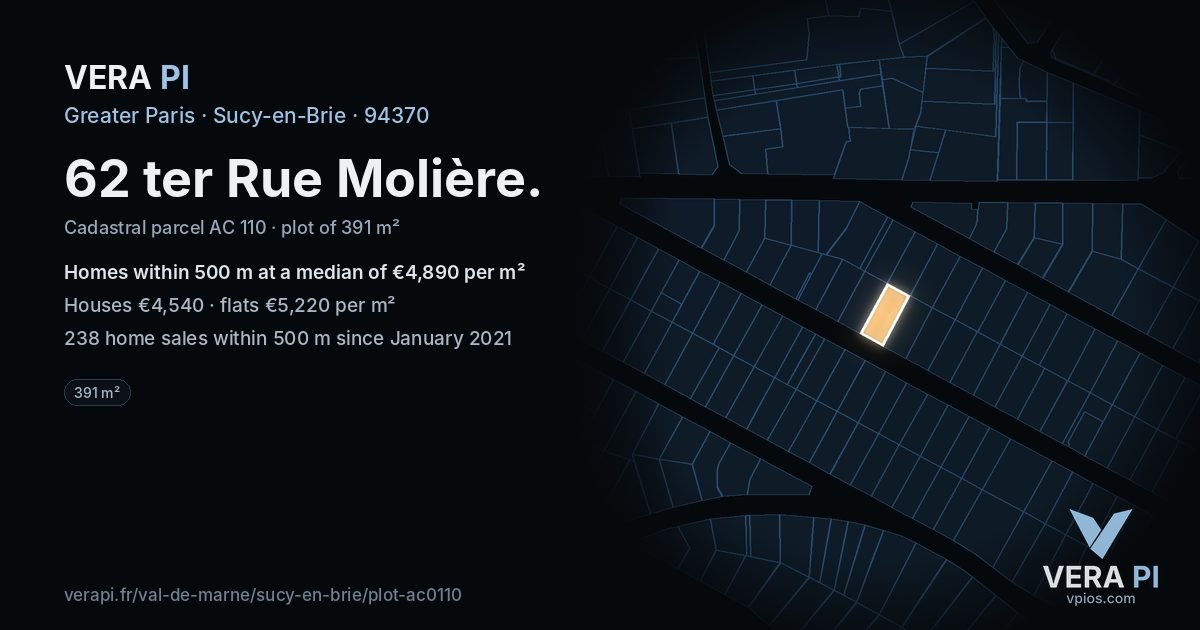 62 ter Rue Molière, Sucy-en-Brie at night – the plot lit, the parcels around coloured by the prices near them