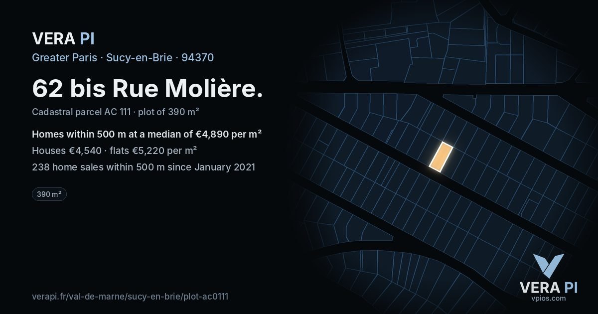 62 bis Rue Molière, Sucy-en-Brie at night – the plot lit, the parcels around coloured by the prices near them