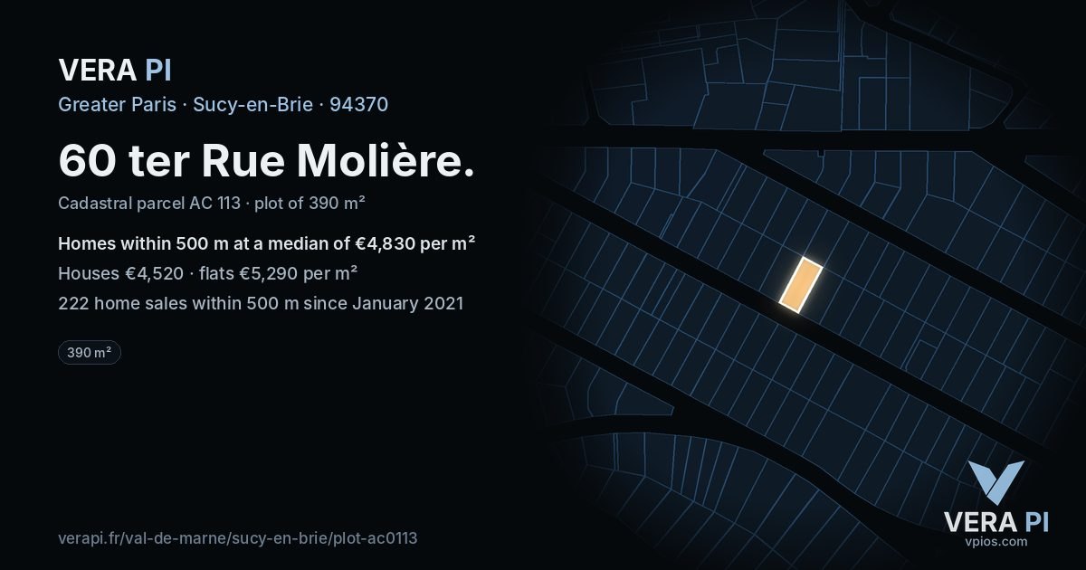 60 ter Rue Molière, Sucy-en-Brie at night – the plot lit, the parcels around coloured by the prices near them