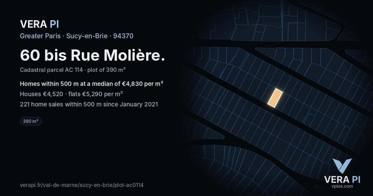 60 bis Rue Molière, Sucy-en-Brie at night – the plot lit, the parcels around coloured by the prices near them