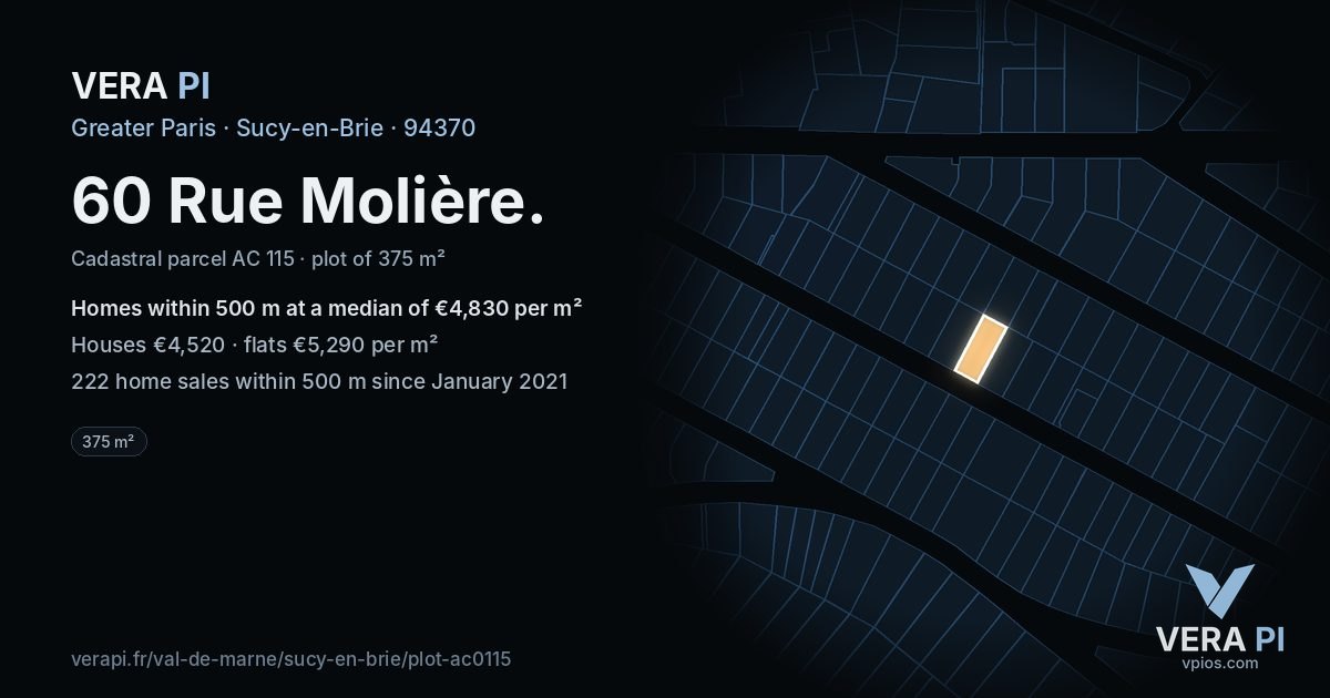 60 Rue Molière, Sucy-en-Brie at night – the plot lit, the parcels around coloured by the prices near them