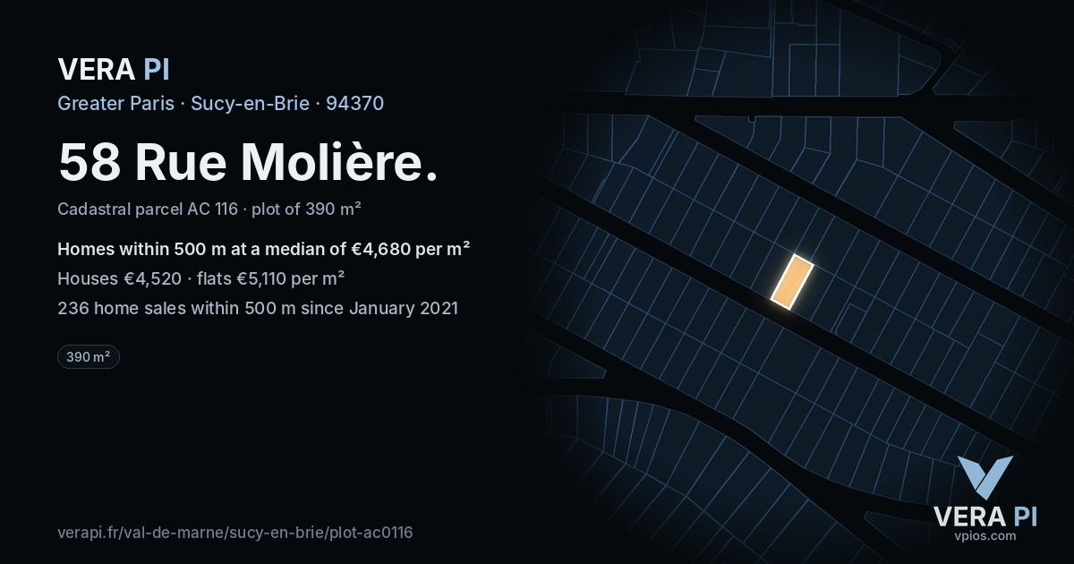 58 Rue Molière, Sucy-en-Brie at night – the plot lit, the parcels around coloured by the prices near them