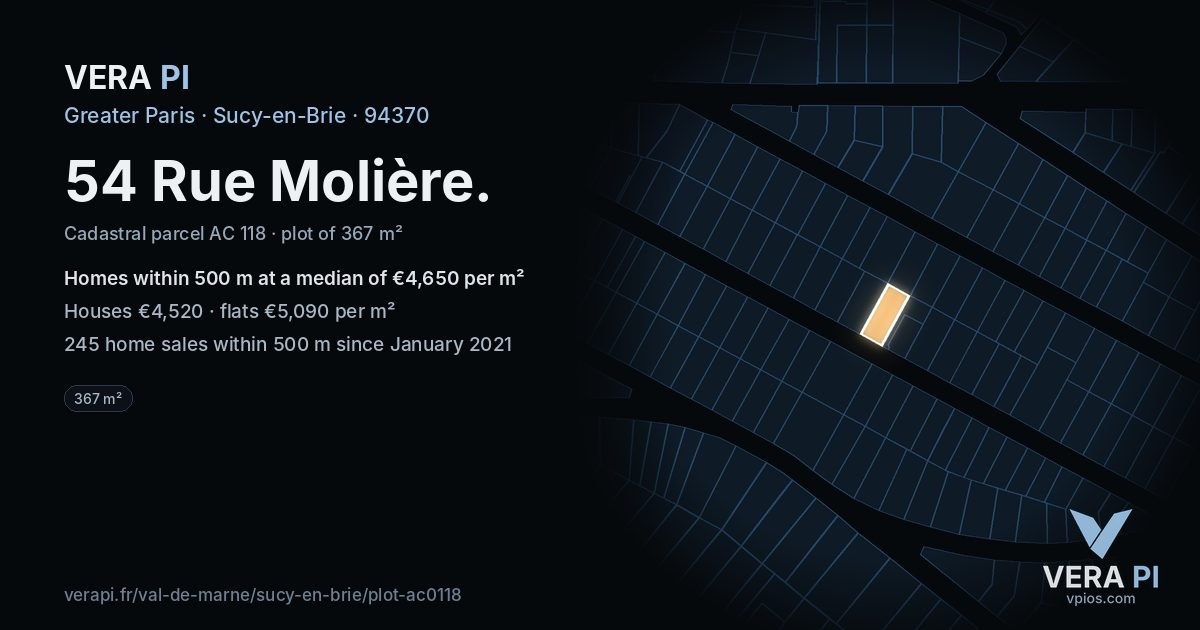 54 Rue Molière, Sucy-en-Brie at night – the plot lit, the parcels around coloured by the prices near them