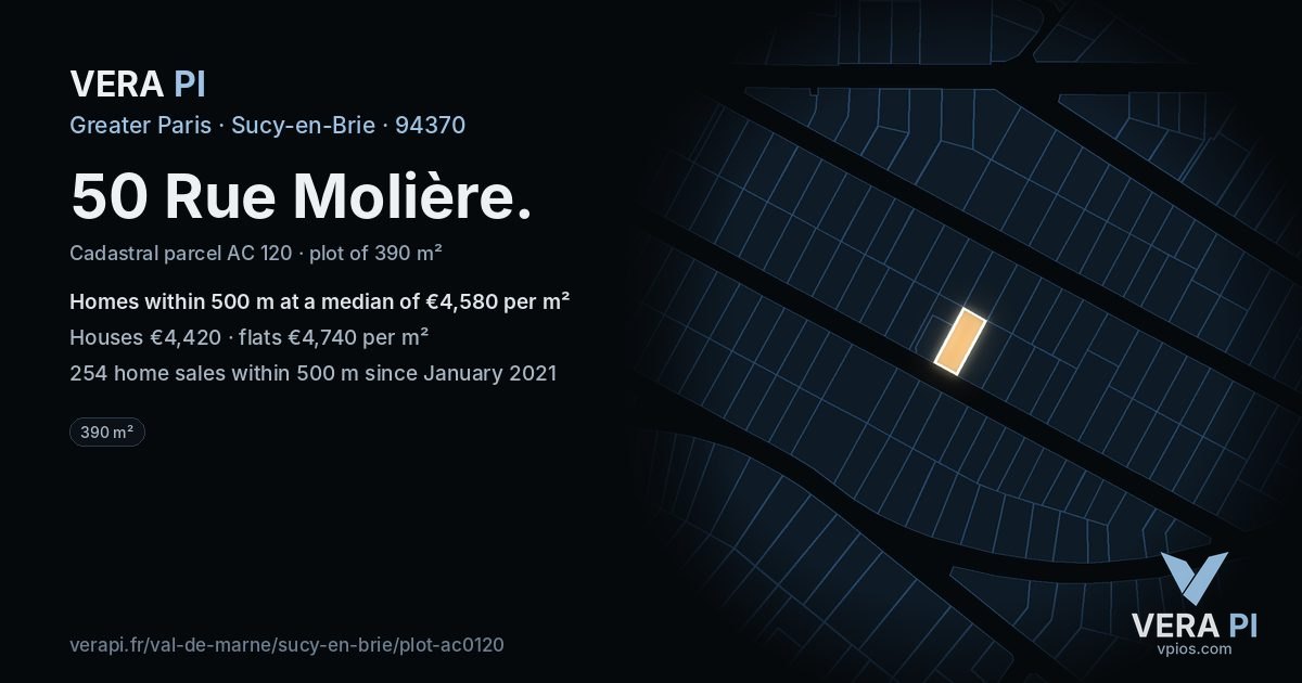 50 Rue Molière, Sucy-en-Brie at night – the plot lit, the parcels around coloured by the prices near them