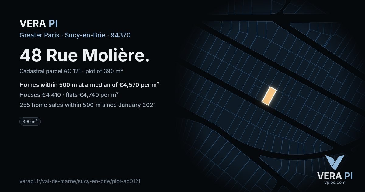 48 Rue Molière, Sucy-en-Brie at night – the plot lit, the parcels around coloured by the prices near them