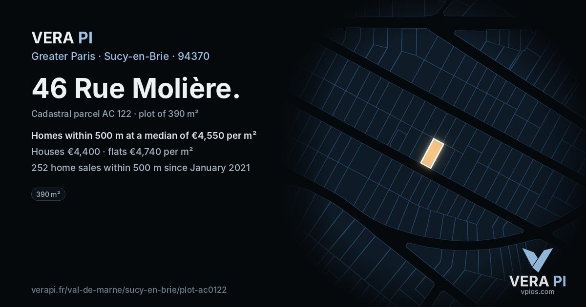 46 Rue Molière, Sucy-en-Brie at night – the plot lit, the parcels around coloured by the prices near them