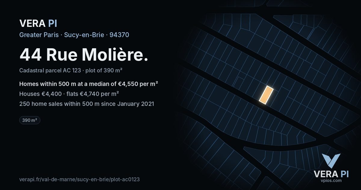 44 Rue Molière, Sucy-en-Brie at night – the plot lit, the parcels around coloured by the prices near them