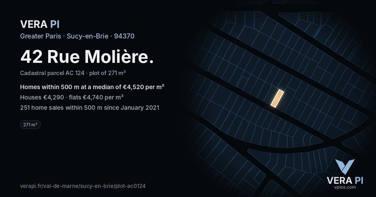 42 Rue Molière, Sucy-en-Brie at night – the plot lit, the parcels around coloured by the prices near them