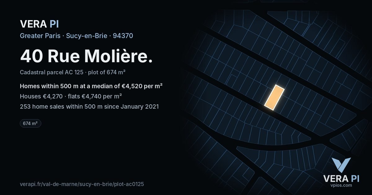 40 Rue Molière, Sucy-en-Brie at night – the plot lit, the parcels around coloured by the prices near them